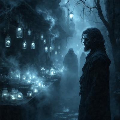 The primary subject of the image is a man standing in a dark, foggy alley. The setting is a street with a marketplace, and the visual style is a digital art illustration. The alley is illuminated by lanterns, creating a moody atmosphere. The dominant colors are dark shades, such as black, blue, and gray, with the lanterns providing a warm glow.